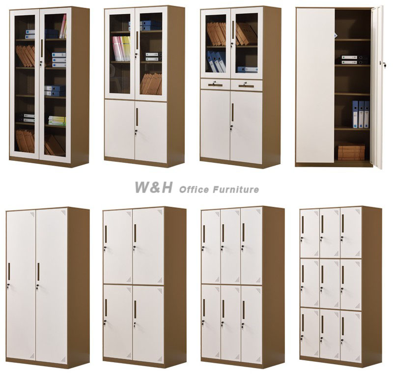 Brown + white metal glass office file cabinet